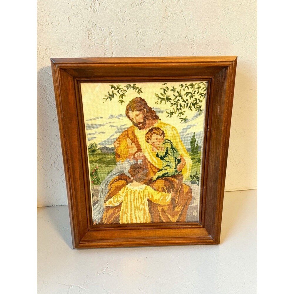 Vtg Jesus & Children “Love One Another”Completed Cross Stitch Wooden Framed